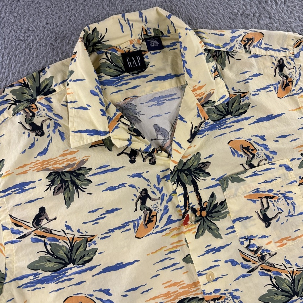 Gap‎ Shirt Mens Large Hawaiian Surfer Palm Tree Print Button Up Beach VTG Y2K